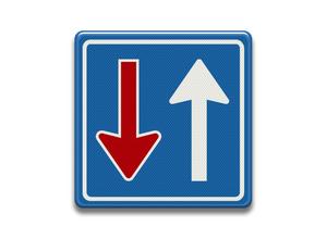RVV Verkeersbord F6 - Bestuurders uit tegengestelde richting moeten verkeer dat van deze richting nadert voor laten gaan tegenliggers pijlen rood wit blauw voorrang breed