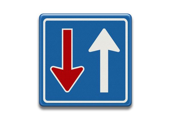 RVV Verkeersbord F6 - Bestuurders uit tegengestelde richting moeten verkeer dat van deze richting nadert voor laten gaan tegenliggers pijlen rood wit blauw voorrang breed