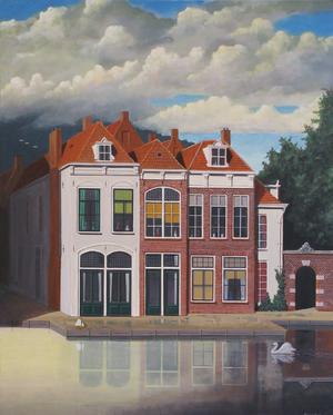 Amsterdam "Het Achterhuis aan het water"         Olieverf op paneel 40 x 50 cm  