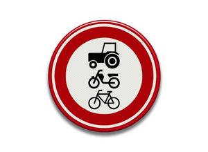 Verkeersbord RVV - C09 Gesloten voor ruiters, vee, wagens en motorvoertuigen die niet sneller kunnen of mogen rijden dan 25 kilometer per uur en brommobielen, alsmede fietsers, bromfietsers en gehandicaptenvoertuigen breed