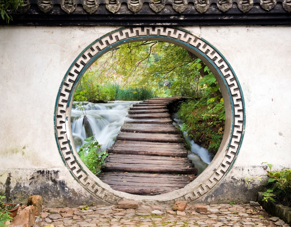 Tuindecoratie tuinposter rond brug waterval
