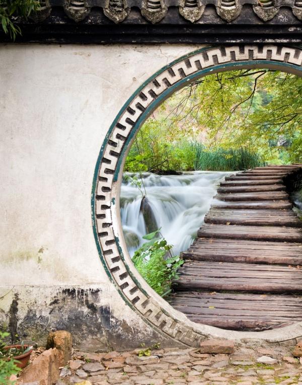 Tuindecoratie tuinposter rond brug waterval