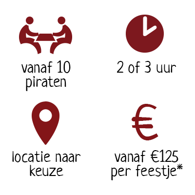 vanaf 10 piraten 2 of 3 uur op locatie naar keuze vanaf €125 per feest*
