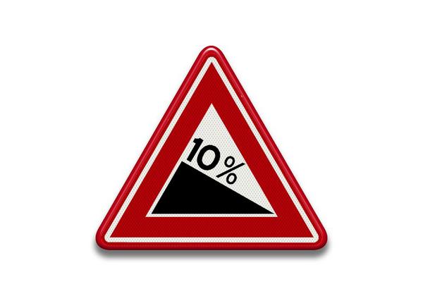RVV Verkeersbord J07 - Vooraanduiding gevaarlijk daling 10 procent % naar beneden helling breed