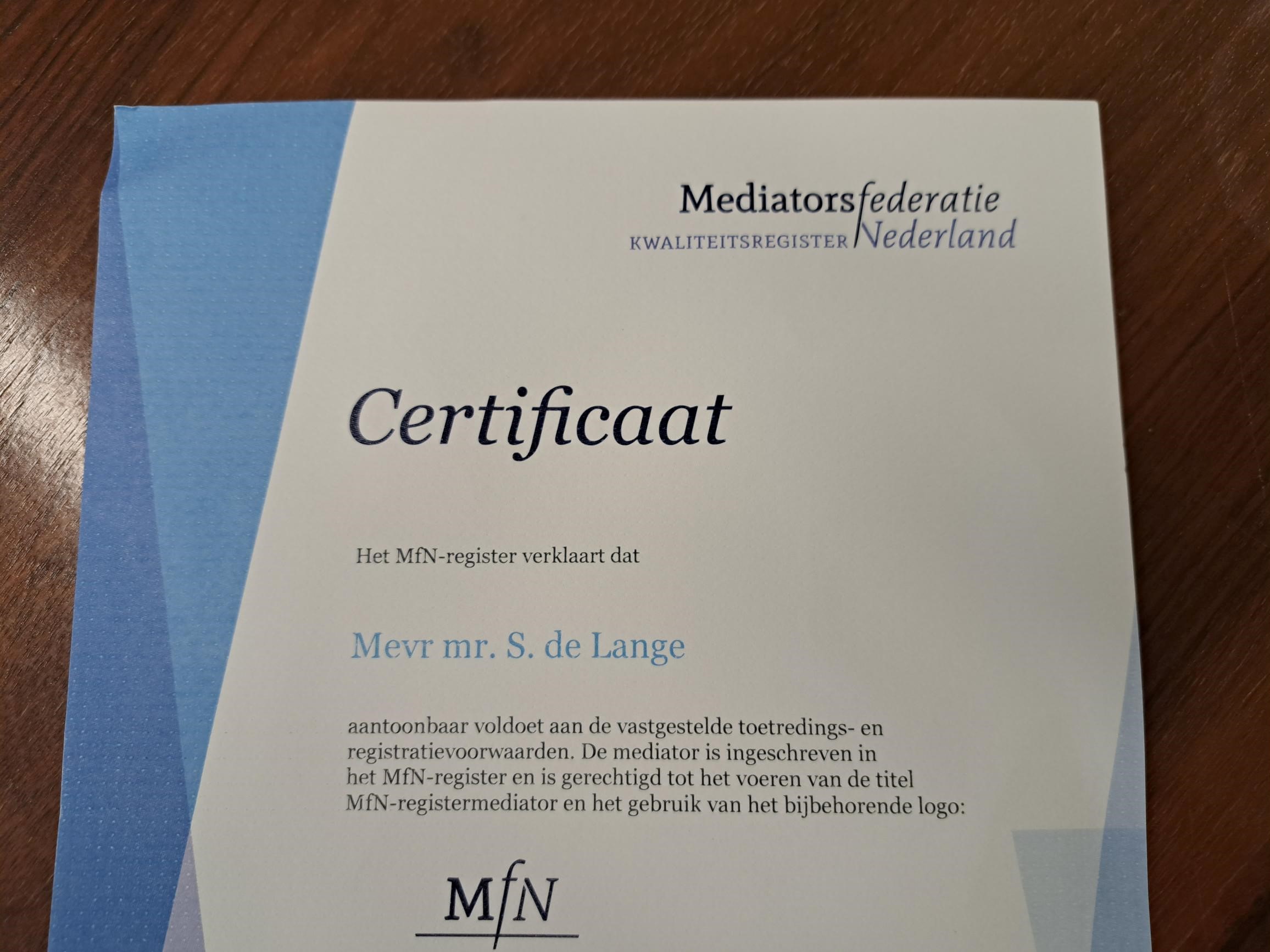 Het MfN Certificaat is binnen